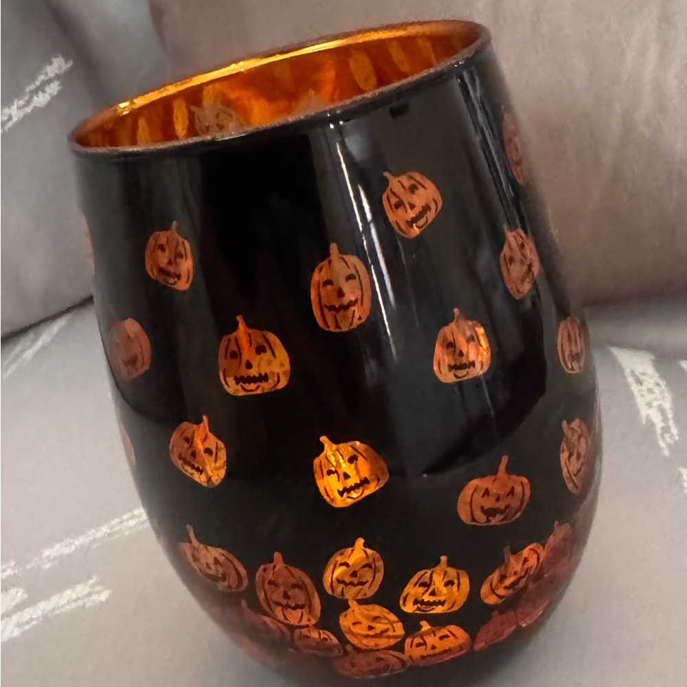 NWT!!  Halloween Pumpkin Stemless Wine Glass/Candle Holder - Black and Orange